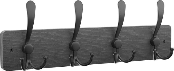 Garderobehaken, kapstok met 4 drievoudige haken in zwart, 42 cm, wandgarderobe voor mantels, jassen, hoeden, tassen, voor hal, garderobe, badkamer, zwart