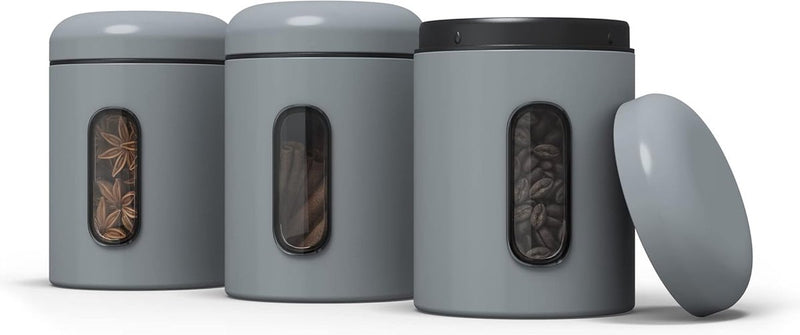 Voorraaddozen, set van 3, 1,9 l, met deksel en kijkvenster voor levensmiddelen, stabiele voorraadcontainer, metalen blikjes voor koffie, thee, ontbijtgranen, koffieblik,