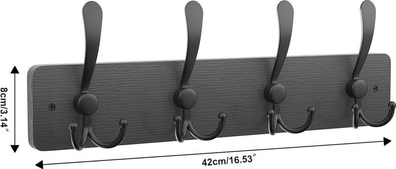 Garderobehaken, kapstok met 4 drievoudige haken in zwart, 42 cm, wandgarderobe voor mantels, jassen, hoeden, tassen, voor hal, garderobe, badkamer, zwart