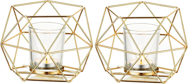 Theelichthouder kaarsenhouder metaal goud - set van 2 geometrische theelichtjes kaarsenstandaard stompkaars windlicht modern geo decoratie voor tafeldecoratie feest bruiloft woonkamer