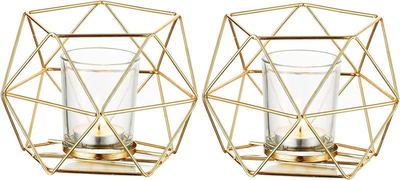 Theelichthouder kaarsenhouder metaal goud - set van 2 geometrische theelichtjes kaarsenstandaard stompkaars windlicht modern geo decoratie voor tafeldecoratie feest bruiloft woonkamer