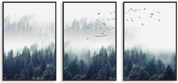 Designposters, 3-delig, bos en vogels in de mist, zonder lijst, decoratie
