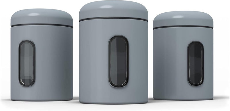 Voorraaddozen, set van 3, 1,9 l, met deksel en kijkvenster voor levensmiddelen, stabiele voorraadcontainer, metalen blikjes voor koffie, thee, ontbijtgranen, koffieblik,