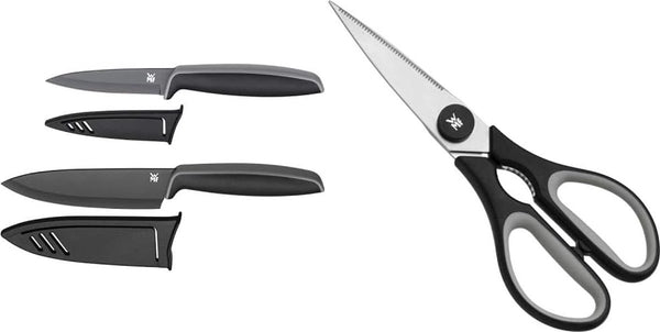 Touch messenset, 2-delig, keukenmessen met beschermhoes, speciaal lemmetstaal, anti-aanbaklaag, zwart & touch keukenschaar 21 cm, huishoudschaar met zaagslijpen, zwart