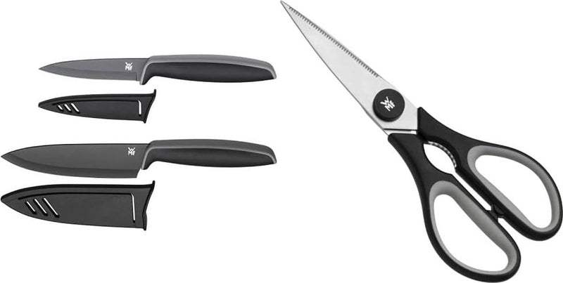 Touch messenset, 2-delig, keukenmessen met beschermhoes, speciaal lemmetstaal, anti-aanbaklaag, zwart & touch keukenschaar 21 cm, huishoudschaar met zaagslijpen, zwart