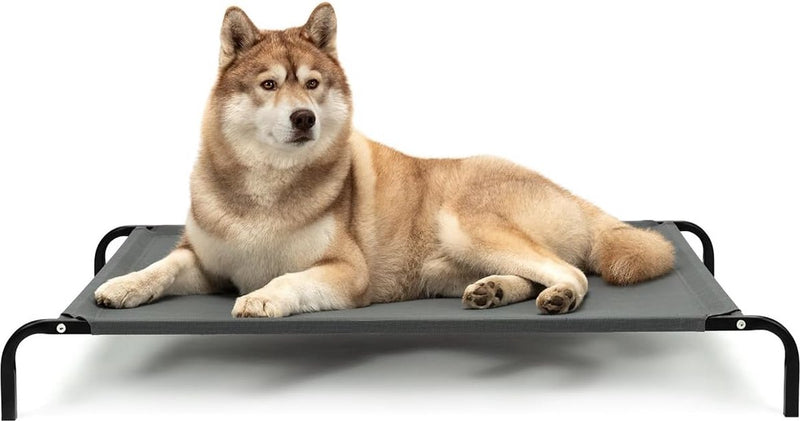 Outdoor hondenbed verhoogd, stabiel huisdierbed met goede luchtcirculatie beschermt tegen kou van de vloer, 117 x 85 cm, afneembare overtrek van ademend netweefsel, robuust metalen frame, grijs