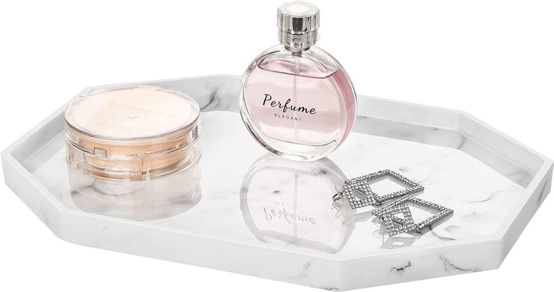 Decoratief dienblad, opbergbak van hars, cosmetische badkamerbak, achthoekige serveerplank voor slaapkamer, kaptafel, woonkamertafel, keukengootsteenaccessoires, marmerwit