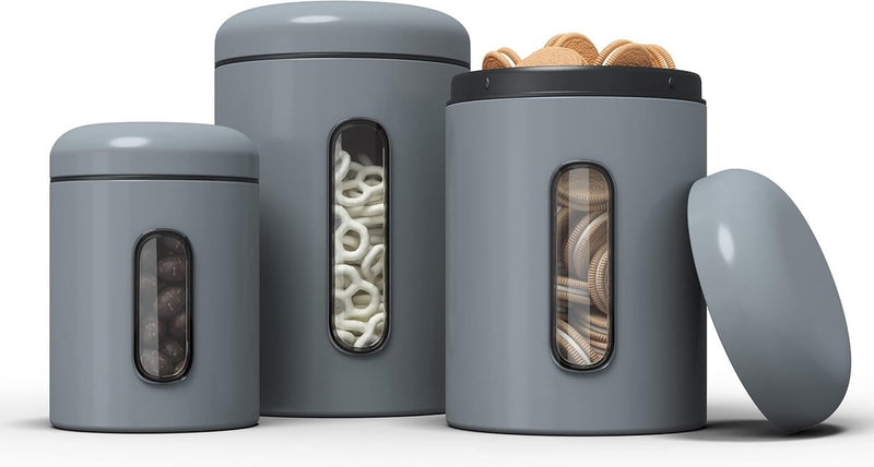 Voorraaddozen, set van 3, 1,9 l, met deksel en kijkvenster voor levensmiddelen, stabiele voorraadcontainer, metalen blikjes voor koffie, thee, ontbijtgranen, koffieblik,