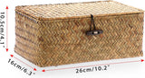 Zeegras opbergmand met deksel, geweven zeegras bureaumand, rechthoekige badkamer opbergdoos, planken en bureaus, multifunctionele opbergmand (karamel, S)