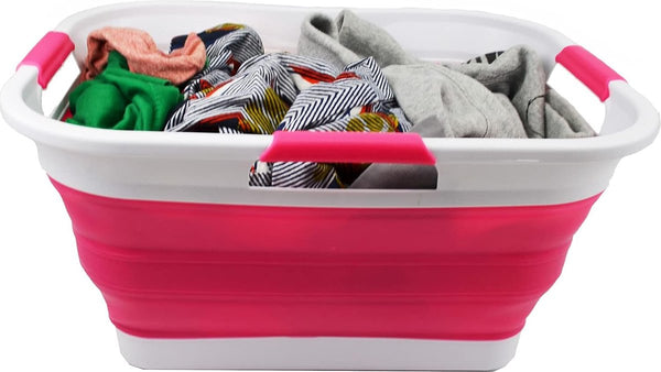 Opvouwbare kunststof wasmand, 30 l, opvouwbaar, pop-up-opbergcontainer/organizer, ruimtebesparende wasmand, watercapaciteit 24 l (wit/roze)