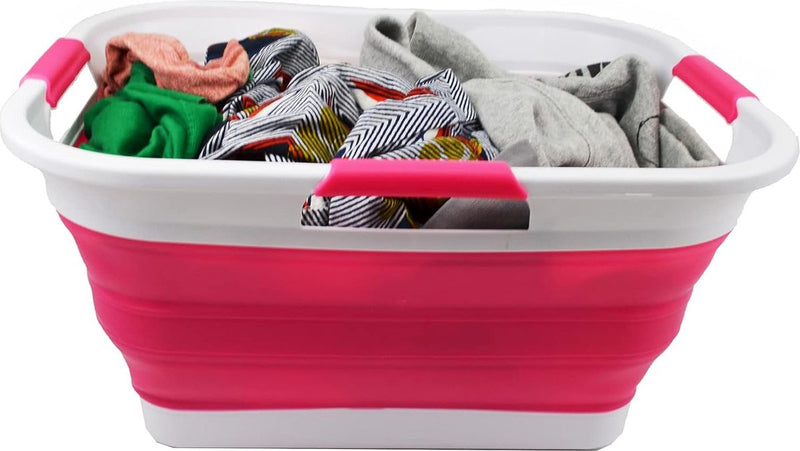Opvouwbare kunststof wasmand, 30 l, opvouwbaar, pop-up-opbergcontainer/organizer, ruimtebesparende wasmand, watercapaciteit 24 l (wit/roze)