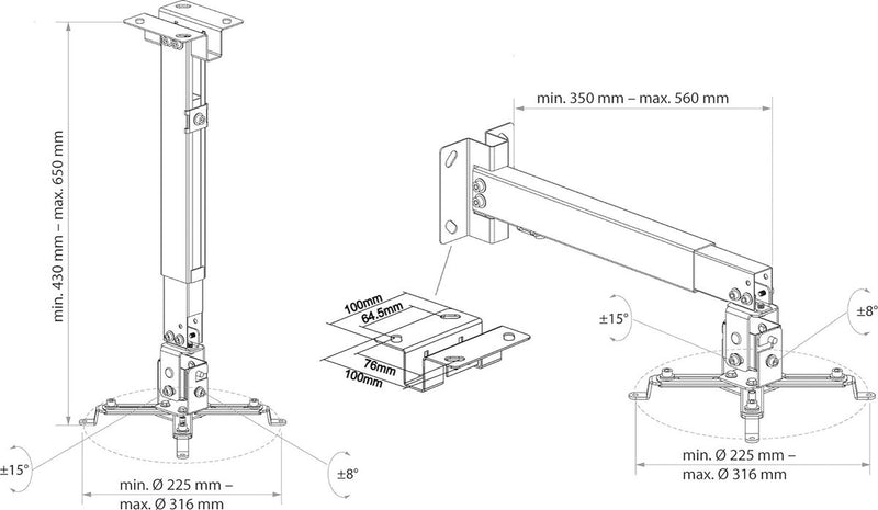 Beamer-plafondbeugel / projector muurbeugel / universele houder voor video-projector / draaibaar en zwenkbaar / hoge mechanische belastbaarheid / max. draagvermogen van 20 kg