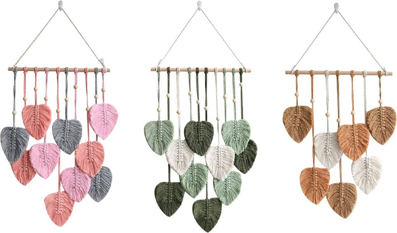 Macramé wandtapijt, boho-decoratie, wandtapijt in boho-stijl met houten kralen en bladeren, wandtapijt, boho, handgemaakt, voor buiten, woonkamer, slaapkamer, binnen, geschenken, 40 80 cm (groen)