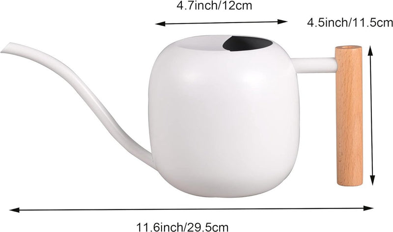 1 liter houten handvat gieter, kleinere potplanten, roestvrijstalen gieter met lange uitloop en comfortabel voor kamerplanten vetplanten (wit)