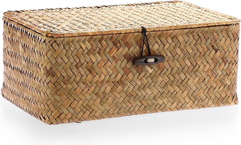 Zeegras opbergmand met deksel, geweven zeegras bureaumand, rechthoekige badkamer opbergdoos, planken en bureaus, multifunctionele opbergmand (karamel, S)