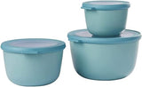 Multikommenset 3-delig rond Nordic green – 500, 1000 en 2000 ml – te gebruiken als voorraaddoos, koelkastdoos, vriesdoos, magnetronservies en serveerschaal met deksel
