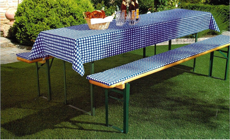 Bankenset, geschikt voor gangbare picknicktafels en banken, 2 gestoffeerde bankkussens, elk ca. 220 x 25 x 1,6 cm en 1 tafelkleed 240 x 70 / 90, motieven, blauw geruit