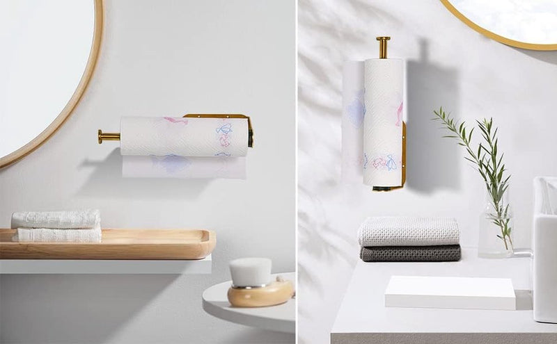 Keukenrolhouder zonder boren goud met dempende werking, eenhandsbediening kast RVS papierrolhouder wand zelfklevend en boorbaar voor keuken- en badkamer keukenrolhouder