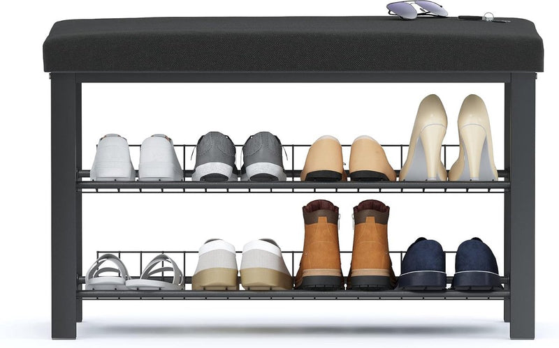 Stabiel schoenenrek met zitbank, ruimtebesparende schoenenbank met 2 roosterplanken, 81 x 50 x 32 cm, mooi gevormde schoenenkast voor hal, woon- en slaapkamer met bescherming tegen krassen op