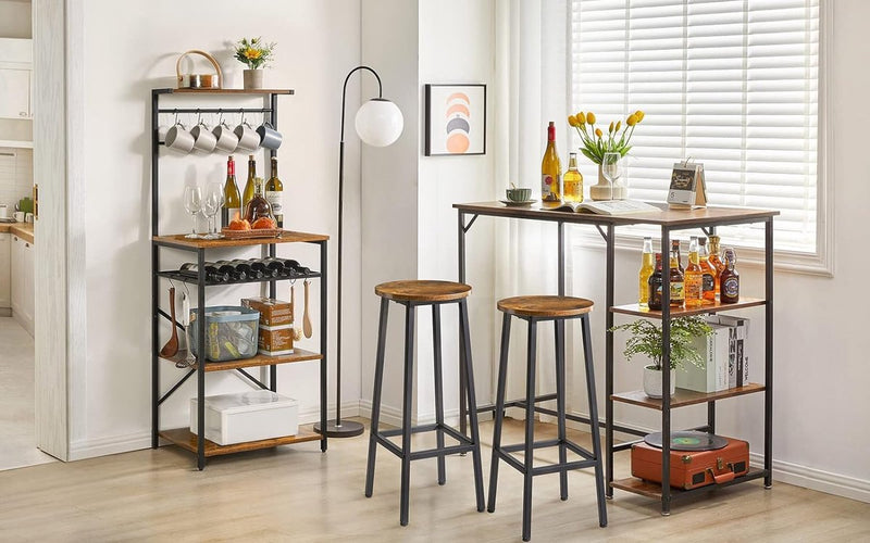 Keukenrek met 5 planken, bakkersrek, staand rek, magnetronrek met verstelbare wijnhouders en S-haken, multifunctionele organizer, voor magnetron, kookgerei, bruin-zwart