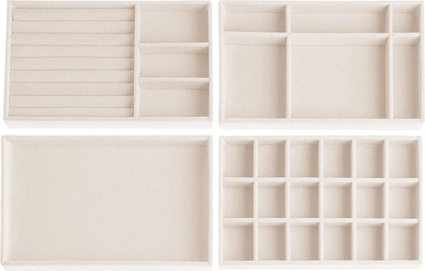 Set van 4 sieradenopbergladen, sieradenbakje, sieradendoosje, fluwelen sieradenorganizer, stapelbaar, sieradenorganizers voor sieraden, oorbellen, armband, ringenopslag (beige)