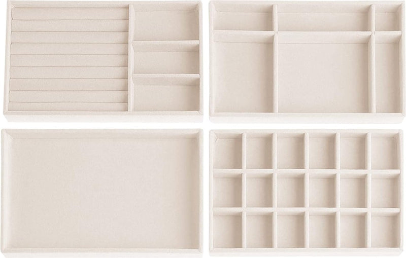 Set van 4 sieradenopbergladen, sieradenbakje, sieradendoosje, fluwelen sieradenorganizer, stapelbaar, sieradenorganizers voor sieraden, oorbellen, armband, ringenopslag (beige)