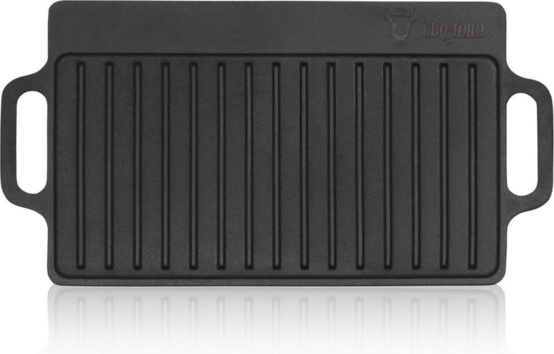 Gietijzeren grillplaat met handgrepen, 40 x 20,5 cm, grillpan, aan beide zijden bruikbaar, rechthoekig, universeel en massief, grillplaat voor houtskool en gas, grillaccessoires, grillschaal