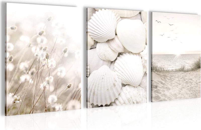 Klaar om op te hangen - wandafbeeldingen set schelpen zand - collage woonkamer N001735a, 30x40 cm - 3 foto's