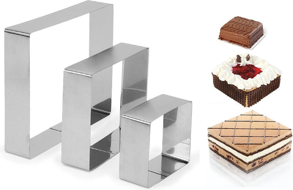 Rechthoekig bakframe, 3 stuks, taartvorm, rechthoekig, taartringset, 10/15/20 cm, roestvrij staal, bakvorm, hoekigring, hoog, 4 cm, voor meerlaagse cakes, gebak, moussecake