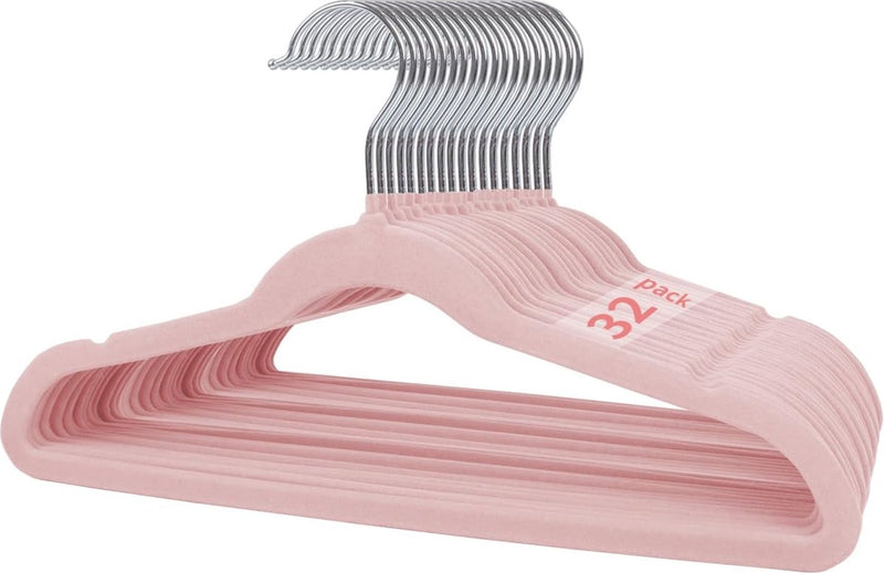 Kinderkleerhangers van fluweel, 35 cm, 32 stuks, kleerhangers met gekerfd design, ultradun, ruimtebesparend, 360 graden draaibare haken, antislip en duurzame kinderhangers voor peuters, roze