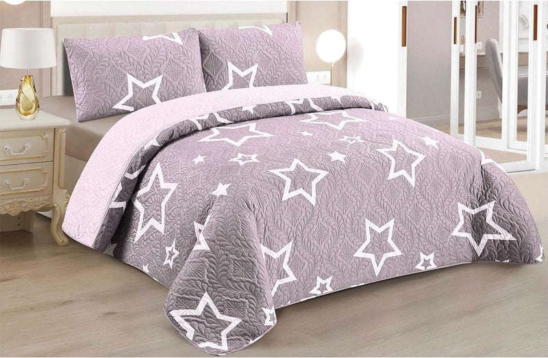 Boutis Spring/Summer Bedspread Two Tone Reversible Star Pattern + 2 Pillow Cases 50 x 70 cm Lightweight Thin Transitional Season Bedspread (Bed 150 cm, 240 x 260 cm)