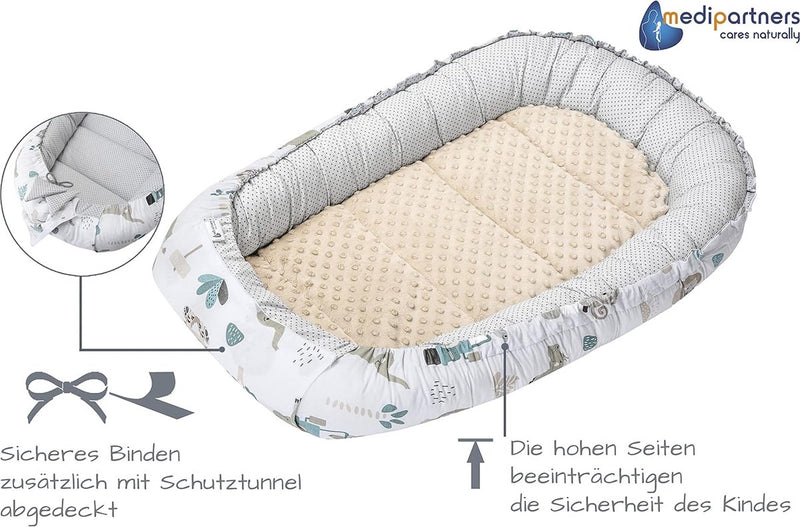 5-delige set babynestjes, 100 x 60 x 15 cm, uitneembaar inzetstuk, knuffelnest, kruipdeken voor baby's, pasgeborenen, 100% katoen (mint dierentuin met beige minky)