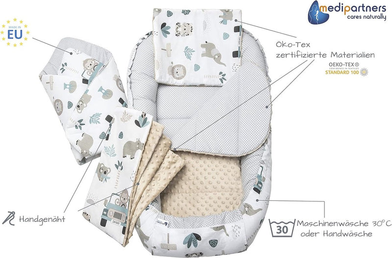 5-delige set babynestjes, 100 x 60 x 15 cm, uitneembaar inzetstuk, knuffelnest, kruipdeken voor baby's, pasgeborenen, 100% katoen (mint dierentuin met beige minky)
