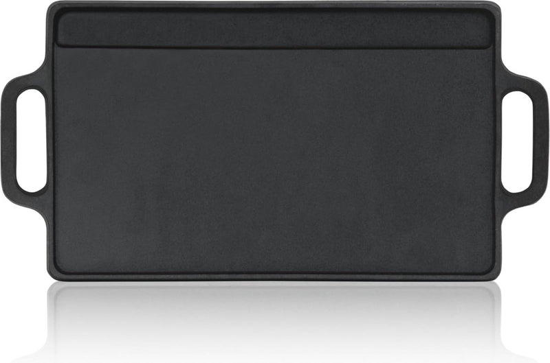 Gietijzeren grillplaat met handgrepen, 40 x 20,5 cm, grillpan, aan beide zijden bruikbaar, rechthoekig, universeel en massief, grillplaat voor houtskool en gas, grillaccessoires, grillschaal