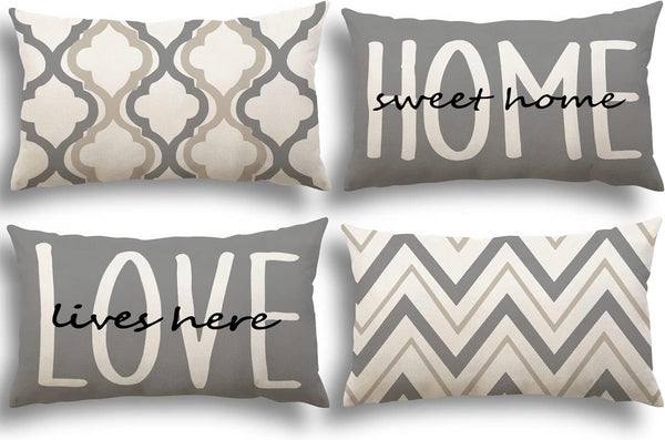 Kussensloop 30 x 50 cm, set van 4 decoratieve kussens, linnen kussenslopen, geometrisch patroon, kussenhoezen voor bank, slaapkamer, bank, grijs