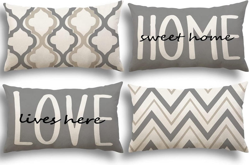 Kussensloop 30 x 50 cm, set van 4 decoratieve kussens, linnen kussenslopen, geometrisch patroon, kussenhoezen voor bank, slaapkamer, bank, grijs