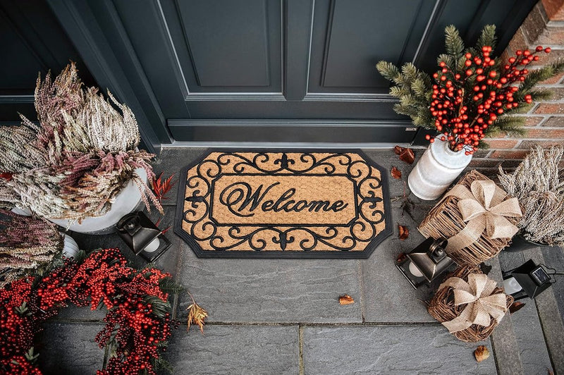 Voetmat, kokos en rubber, 45 x 75 cm, antislip vuilvangmat, natuur, voor binnen en buiten, deurmat Welcome kokosvezel, weerbestendig, kokosmat voor entree en buiten