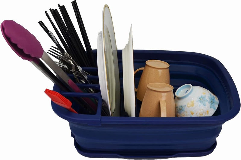 Opvouwbare plastic afdruiprek met afdruiprek, 8L opvouwbare afdruiprekset - draagbare schotelorganizer - ruimtebesparend keukenrek (koningsblauw, 1)