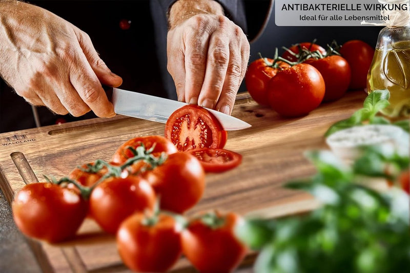 Premium houten snijplankenset van 4 (40x30, 33x24, 27x18, 21x15 cm) I van robuust acaciahout I inclusief plankenstandaard I houten keukenplank I dikke snijplanken met sapgleuf I snijplankenset