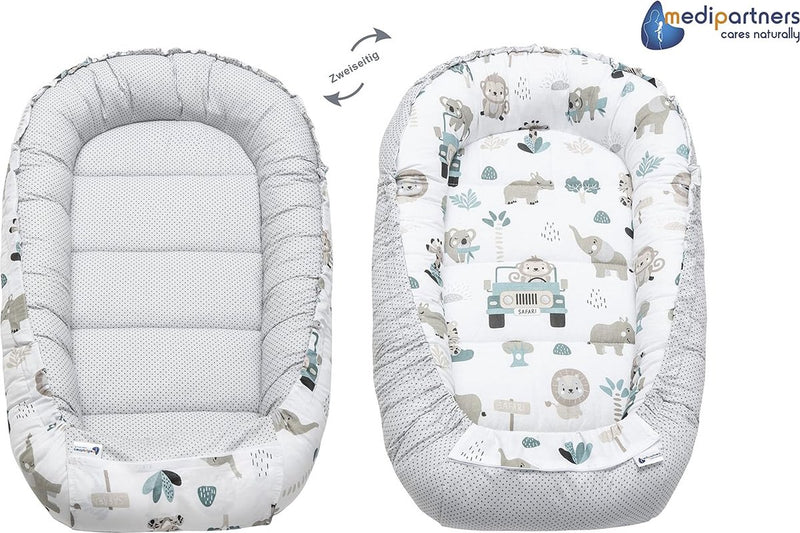 5-delige set babynestjes, 100 x 60 x 15 cm, uitneembaar inzetstuk, knuffelnest, kruipdeken voor baby's, pasgeborenen, 100% katoen (mint dierentuin met beige minky)