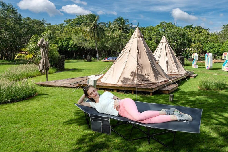 Veldbed, inklapbaar, 190 x 67 x 35 cm, campingbed XXL tot 270 kg, stabiele campingstoel, opvouwbaar, licht, voor volwassenen, campingbed met draagtas en zijvak
