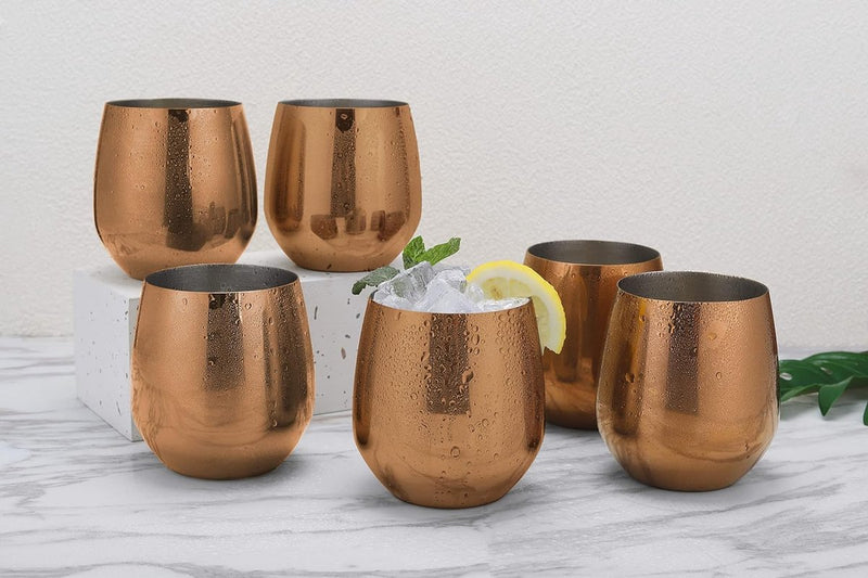 Wijnglazen, 6-delige rode wijnglazen, drinkbekers van roestvrij staal, onbreekbare drinkglazen, onbreekbare glazen, koperen editie, 500 ml