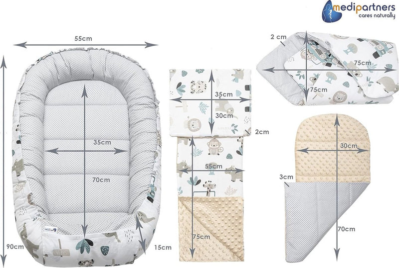 5-delige set babynestjes, 100 x 60 x 15 cm, uitneembaar inzetstuk, knuffelnest, kruipdeken voor baby's, pasgeborenen, 100% katoen (mint dierentuin met beige minky)