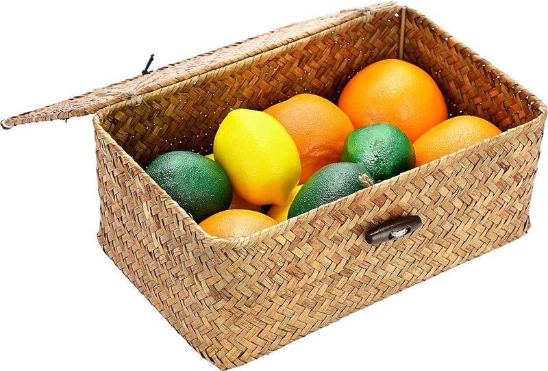 Zeegras opbergmand met deksel, geweven zeegras bureaumand, rechthoekige badkamer opbergdoos, planken en bureaus, multifunctionele opbergmand (karamel, S)