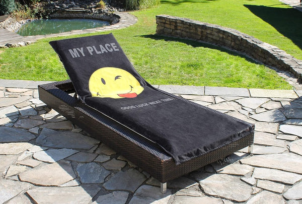 Beschermhoes voor tuinligstoel, strandligkussen, badstof hoes, 55% katoen, 45% polyester, ca. 75 x 200 cm (Smiley Black - Good Luck)