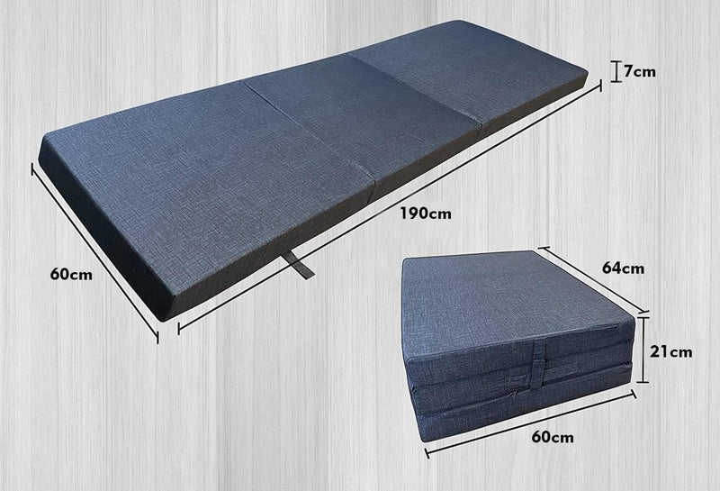 3-delige vouwmatras, 15 cm dik, matras voor reisbed, gastenmatras, opvouwbaar, ook ideaal voor kamperen, kruk/zitblok, overtrek is machinewasbaar (grijs, 190 x 60 x 7 cm)