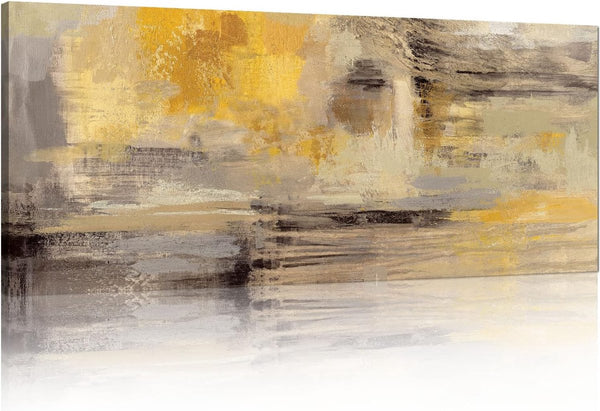 Houten frame grote canvasfoto's 120x50cm abstract mosterdgeel grijs beeld op canvas muurkunst moderne wandafbeeldingen XXL kunstdruk decoratie voor woonkamer slaapkamer klaar om op te