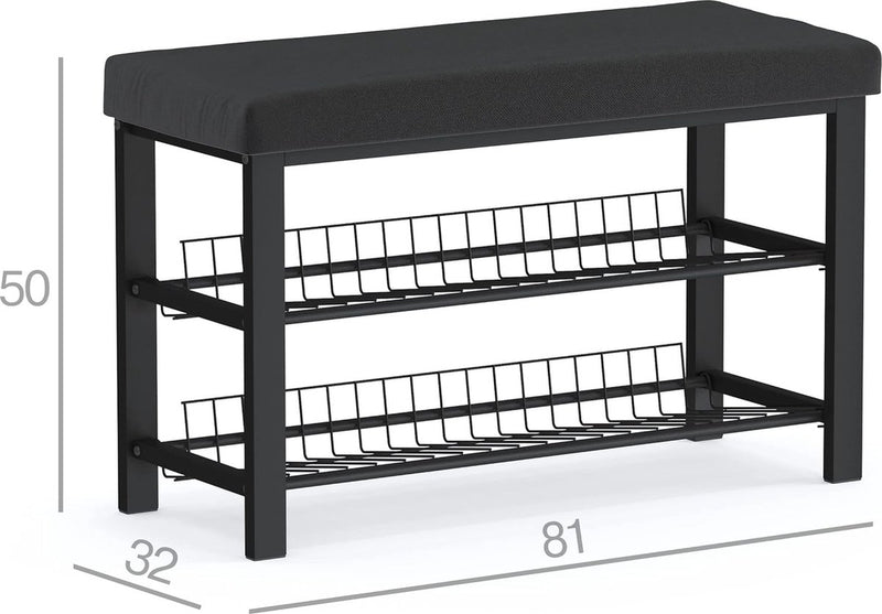 Stabiel schoenenrek met zitbank, ruimtebesparende schoenenbank met 2 roosterplanken, 81 x 50 x 32 cm, mooi gevormde schoenenkast voor hal, woon- en slaapkamer met bescherming tegen krassen op