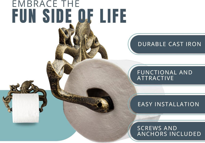Decoratieve gietijzeren toiletpapierrolhouder Octopus decor voor badkamer Octopus nautische badkameraccessoires inclusief schroeven en pluggen - goud en zwart