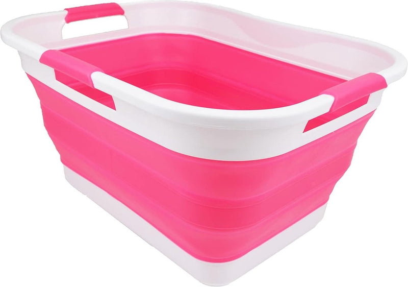 Opvouwbare kunststof wasmand, 30 l, opvouwbaar, pop-up-opbergcontainer/organizer, ruimtebesparende wasmand, watercapaciteit 24 l (wit/roze)